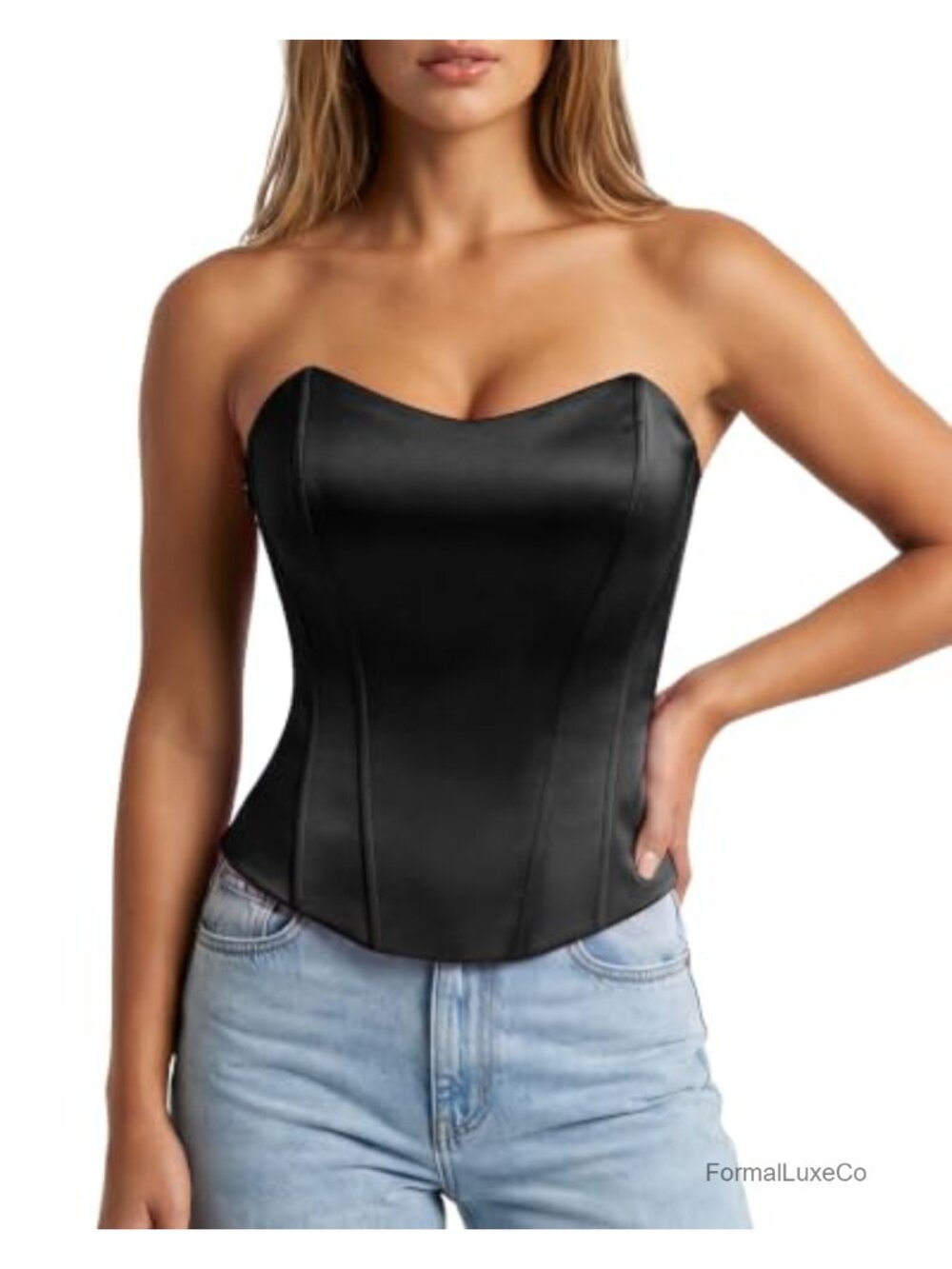 Strapless Lace-Up Overbust Corset Top Satin Bustier Shapewear